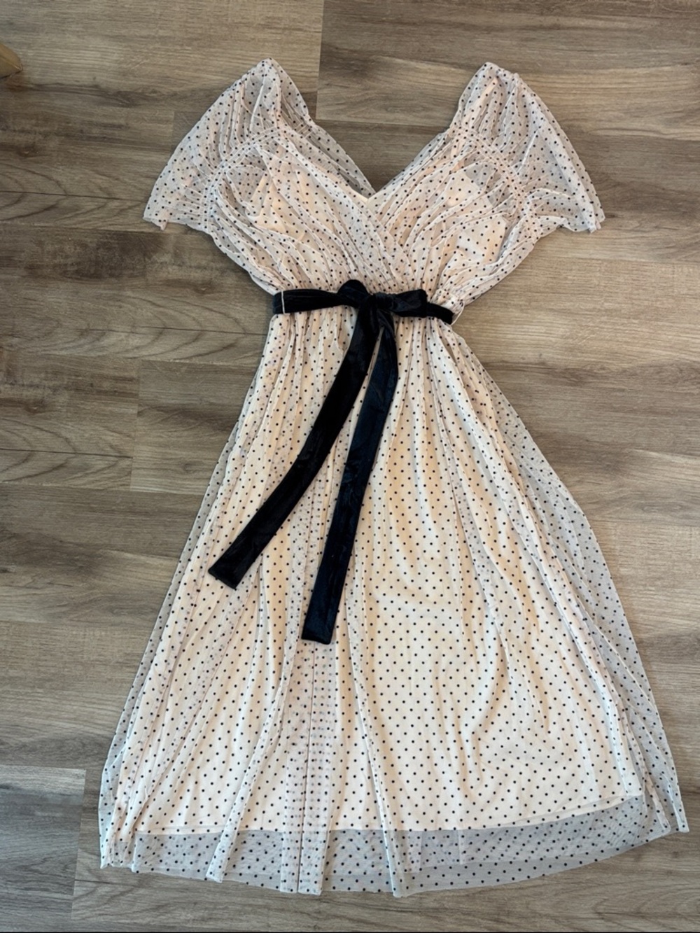 Polka Dot V-Neck Midi Dress with Black Velvet Tie